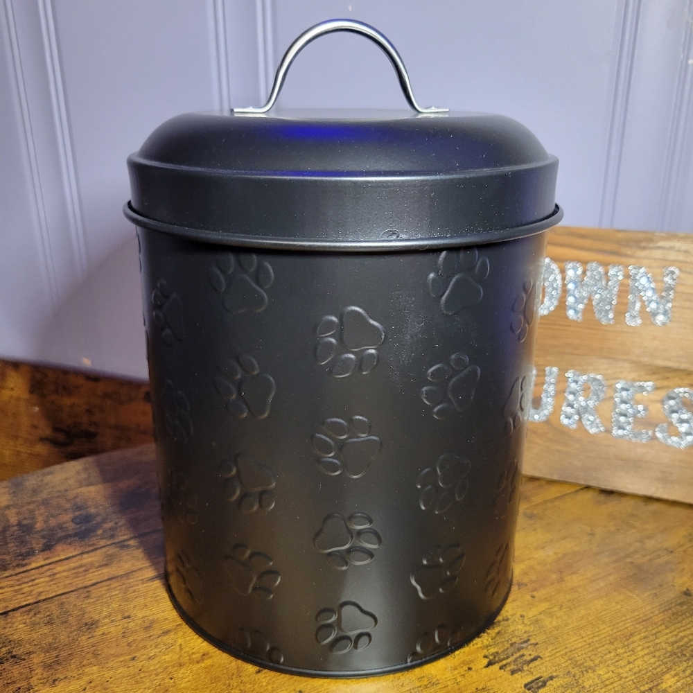 Amici Black metal Paw Print pet treat Storage Canister/lid-black